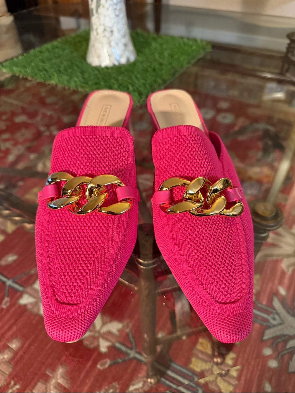Hot Pink Chain-Trim Knit Slip-On Mules